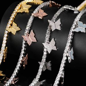 Hip Hop Tennis Chains Diamond Stone Charm Butterfly Pendants Necklace Jewelry Men Women Lover Gift