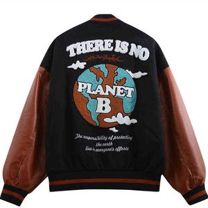 Männer Jacken Männer Dunkle Farbe Stickerei Varsity Jacken Hip Hop Vintage PU Leder Nähte Ärmel Farbe Kontrast Baseball Uniform Lose mantel T220914