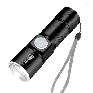 Belysning Mini Portable USB Rechargeableled Torch Outdoor Camping Lightwater Proof Zoomable Lamp Bicycle 3Mode Handy Flash Light