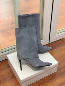 Long Boots de salto alto feminino em salto alto 2022 outono e inverno novas calças de perna reta Botas de tubo plissadas, mas até o joelho pontudo