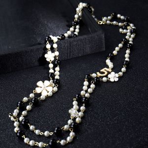 Fashion Pearl Beaded Long Necklace Women Flower Number Sweater Chain Necklaces