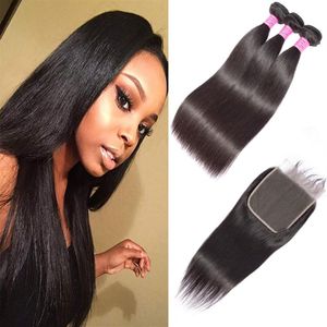 Indian Virgin Human Hair Extensions 3 Bundles With 6X6 Lace Closure Baby Hair Wefts With Closure Straight 10-30inch2796