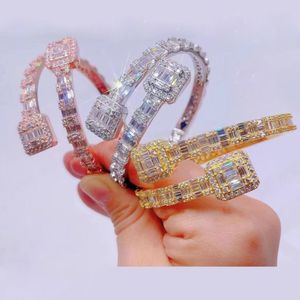 T Bracciale rigido in cristallo con zirconi cubici Braccialetti placcati in oro reale Gioielli da sposa per ragazza da donna