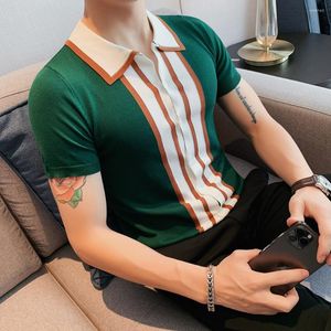 Men's T Shirts British Style Knitted Shirt Men Short Sleeve Lapel Casual T-Shirt Single Breasted Cardigan Business Social Tee Tops 2022