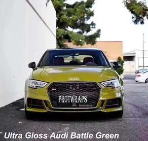 Premium Ultra Gloss Battle Green Vinyl Wrap ملصق كامل لتلتف سيارة لامعة تغطي الفيلم مع إفراج الهواء الأولي Low Tack Glue Self Reshesive Foil 1.52x20m 5x65ft