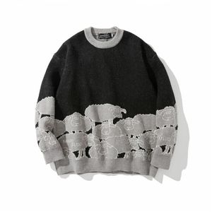 Camisolas masculinas dos desenhos animados padrão de ovelhas homens camisola streetwear pullovers de malha outono harajuku hip hop algodão oversize pulôver 220913