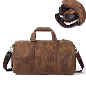 Duffel Bags 2022 Crazy Horse Leather Travel Bag Men's Vintage Cow Carry On Luggage Large Weekend Shoulder Bolsa