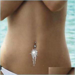 Navel Bell Button Rings Fashion Sexy Crystal Pierced Navel Bell Button Rings Stainless Steel Diamond Tassel Belly Ring For Women Jew Dhj9T