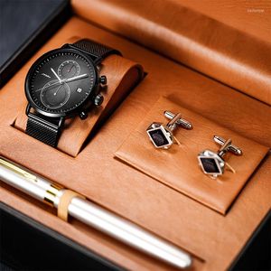 Polshorloges Sinobi Fashion Man s Watches Set serie Top Luxury Quartz met potlood en manchetknopen Gift voor vriend Reloj Hombr