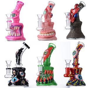 Wholesales Halloween Style Hookahs 14MM Joint Unique Beaker Glass Bongs Small Heady Water Pipes 4mm Thick Dab Rigs Eye Teeth Octopus Smoking Pipe With Bowl TX816