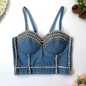 Bustiers & Corsets Lingerie Sexy Rhinestone Women Denim Cropped Top Night Club Party Corset Crop Tank Push Up Bustier Camis Built In Bra