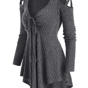 Kvinnors stickor Tees Casual Long Sleeve Autumn Knittad tr￶ja Kvinnor Pullover Cold Shoulder Front Drawstring Ribbed Knitwear Solid Women Topps 220915