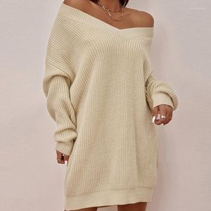 Casual Dresses Sticked V-Neck Women's Sweater Pullover Loose Drop Shoulder Elegant Solid Female Dress 2022 Autumn Office Lady Sweaters