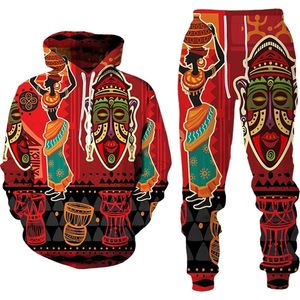 Erkeklerin Trailtsuits 3D Afrikalı Baskı Sıradan Erkekler Pantolonlara Uygun Çift Kıyafetler Vintage Hip Hop Hoodiespants Erkek/Kadın Trailsuit Seti 220914
