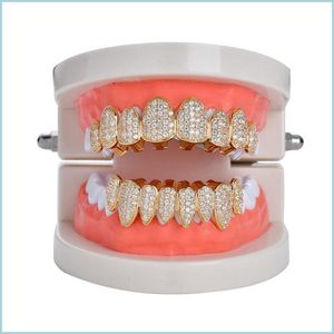 Grillz Dental Grills New Hip Hop Teeth Tooth Grillz Copper Zircon Crystal Dental Grills Halloween Jewelry Gift grossist för rap rap dhihx