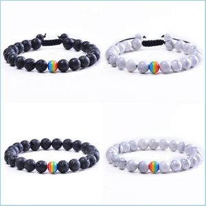 Fili di perline Fashion Rainbow Bead Coppia di fili di braccialetti Set di pietre naturali fatte a mano Black Lava Rock Howlite Lgbt Gay Bangle Women Dhkkc