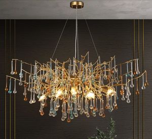 Modern design guld ljuskrona stort matbord h￤nge ljus anpassade f￤rgade klara kristaller dekorera den lyxiga halllampan