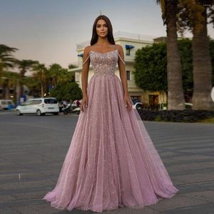 Party Dresses Sexy Tube Top Glitter Gorgeous Pink Beaded Elegant Prom Dress Spaghetti Straps Crystal Shiny Tulle A Line Women's Evening