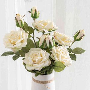 フェイクフローラルグリーン47cm白いバラ人工花ブーケシルク大きな花の頭秋の家の結婚式の飾り秋の偽の花の枝J220906