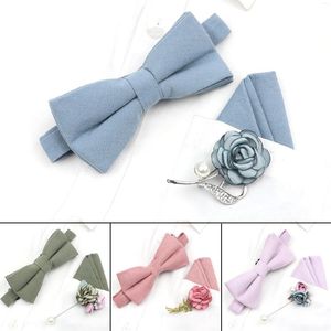 Bow Ties Solid Color Cotton Wedding Bowtie Set Handkerchief Rose Brooch For Men Dance Party Bar Blue Pink Butterfly Beautiful Suit Gift