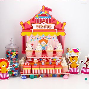 Suministros de fiesta Circus Cake Topper Favor Cajas Glitter Centerpiece Paper Cups Decoraciones hechas a medida