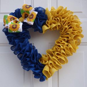 Decorative Flowers Artificial Sunflower Heart Shape Wreath Blue Yellow Contrast Color Holiday Home Decoration For Front Door