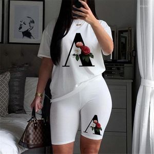 Kvinnors tankar 2022 Kvinnor Tvådelar Set Letter T Shirts and Shorts Summer Short Sleeve O-Neck Casual Joggers Biker Wear Outfit For Woman