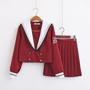 Kläder sätter skoluniformer för flickor JK Japanese Red White Sailor Uniform Cosplay Class Long Sleeve Button Suits Design