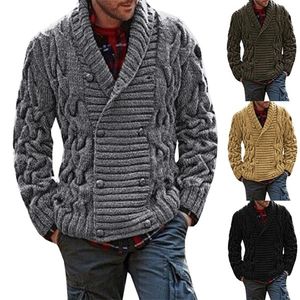 Men's Wool Blends Men's Knitted Thick Shawl Collar Double Breasted Cable Knitwear Cardigan Solid Color Long Sleeve Sweater Coat Male Warm Clothes 220915