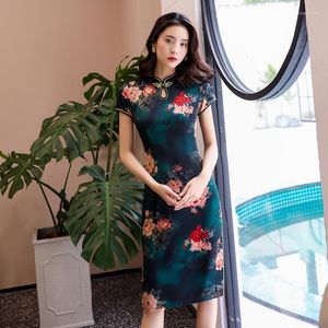 Ethnic Clothing Female Green Sexy Qipao Print Flower Cheongsam Vintage Button Mandarin Collar Chinese Dress Satin Vestidos Plus Size 3xl 4xl