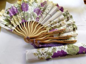 Party Favor 50 PCS Tryckt Personlig delikat förpackning Japansk blommor Floral Tyg Folding Hand Fan Wedding Favors