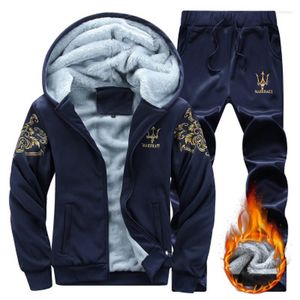 Men's Tracksuits Men Sport Suit Winter 2022 Fashion Printed Thick Warm Coat Hooded Black Navy Velvet Slim Zip Tracksuit Sportswear Clothing