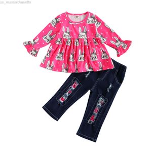 Special Occasions Citgeett Summer Easter Girls Kids Suit Set Cartoon Pattern Print Long Sleeve Tops Ripped Jeans Denim Shorts Set 1-6Years L220915