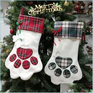 Noel Dekorasyonları Noel Çorap Çizgi Çizgi Far Köpek Pençe Hediye Çantası Ekose Noel Çorapları Ağaç Süsleri Dekorasyon Festivali Partisi D Dhulf