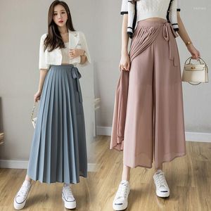 Frauen Hosen Frauen 2022 Sommer Mode Plissee Chiffon-Hose Weibliche Hohe Taille Lose Beiläufige Damen Breite Bein Mujer H27