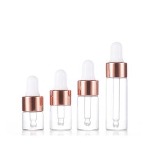 Mini flacon compte-gouttes en verre ambre clair 1 ml 2 ml 3 ml 5 ml petites bouteilles d'échantillon avec bouchon en or Rose pour parfum cosmétique E liquide