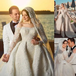 Luxury Mermaid Wedding Dress Boat Neck Lång ärm med avtagbar tågbollklänning för kvinnor Robe de Soiree Saudiarabien