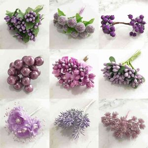 Verde floreale finto 681012507090 Pz Mix Fiore viola Ciliegio Farina Fili Bacche Fascio Fai da te Torta nuziale di Natale Confezione regalo Ghirlande Decor J220906