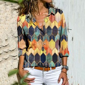 女性のブラウス2022ファッション幾何学的な印刷された女性シャツ長袖はポケットで襟のトップを下げます