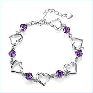 Łańcuch Link 925 Sterling Sier Heart Purple Cyrron Bransoletka dla kobiet biżuteria Party Partia Bożego Narodzenia 1202 T2 Drop dostawa 20 Dhjuj
