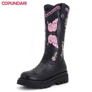 Boots Black Embroidered High Heels Platform Calf Boots Women Autumn Winter West Cowboy Boots Cowgirl Shoes Bottes Plateforme Femme T220915