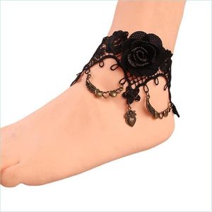 ankletsヨーロッパとアメリカのレトロなファッションフットチェーンBeautif Rose Black Lace Sexy Jewelry Wholesale Drop Delivery 2021 DHSELLER2010 DHR9D