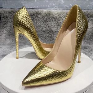 2023 Fashion Shoes Gold Croc-Effekt sexy Muster Frauen rote Unterteile Spiriten Zehen Stiletto Pumps Plus Size 44 45 Komfortable High Heel Party Kleidschuhe