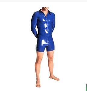 Mens blu ecopelle pvc Catsuit Costumi Moda maniche lunghe Body Body Tute fetish anteriore cerniera a 3 vie per Ass