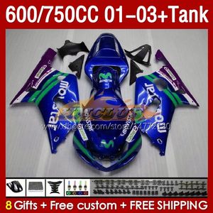 Tanque de atendimento de moldes de inje￧￣o para Suzuki GSXR750 GSXR-750 750CC K1 600CC 01-03 152NO.138 GSXR 750 600 CC GSXR600 2001 2002 2003 GSXR-600 01 02 03 OEM Fairing Blue Metal Metal