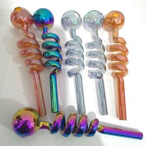 Rökningstillbehör pläteringsrör Spiral Twisted Sapphire Pyrex Glass Oil Burner Hand Hookahs Färgade skålar Dab Rigs Bongs 14 cm längd