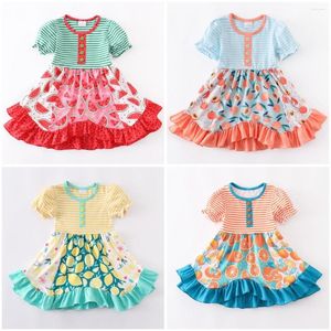 Flickklänningar Girlymax Summer Baby Girls Kids Clothing Milk Silk Ruffle Lemon Watermelon Peach Print randklänning Knä längd Kort ärm