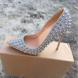 Kobiety czerwone dolne brokatowe cekiny buty mody nity spiczasty stóp stiletto pompki damskie lśniący impreza buty ślubne 8 cm 10 cm 12 cm wysokie obcasy sandały czerwone podeszwy sandały