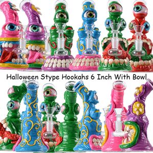 Halloween Shape Hookahs 6 Inch Unique Glass Bongs Eye Teeth Water Bong Showerhead Perc Octopus Oil Dab Rig 4mm Thick Mini With Bowl