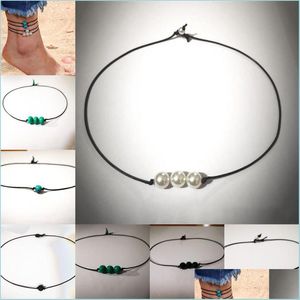 Anklets naturlig pärla anklet enkel stil blå grön vit turkosa ankelkedja manual väv läder rep anklets män kvinnor sommar b dh9yv